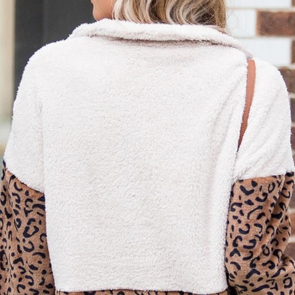 White & Mocha Leopard Color Block Woobie Half-Zip - Picture 6 of 8